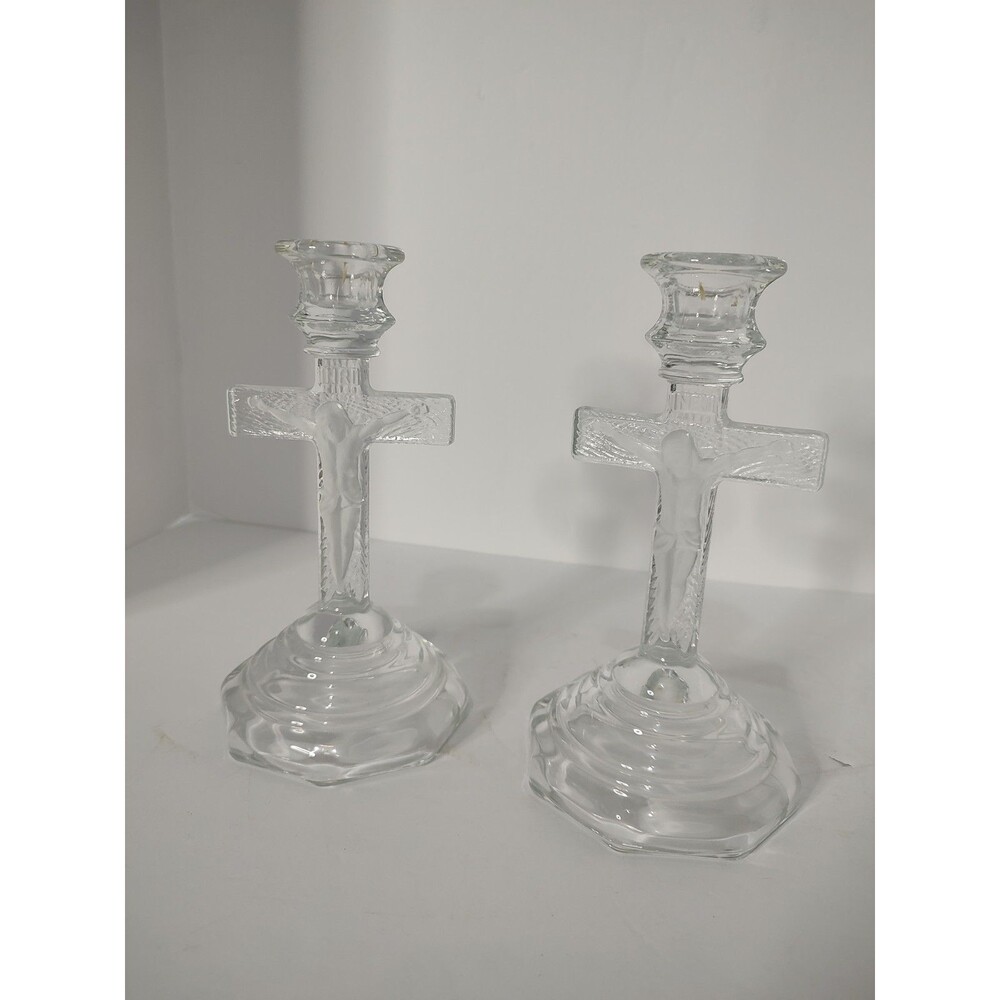 Glass Crucifix Candle Stick Holders Home Interiors 7.25" Set of 2